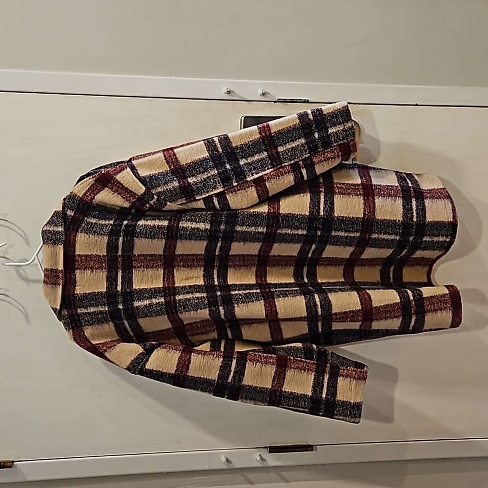 Blank NYC Cream Maroon Wool Oversized Go Ahead Plaid Longline Teddy Jacket L NWT - Picture 11 of 11